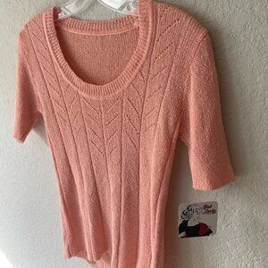 VTG 70s Peach/Coral Pointelle Knit Short Sleeve Summer Sweater